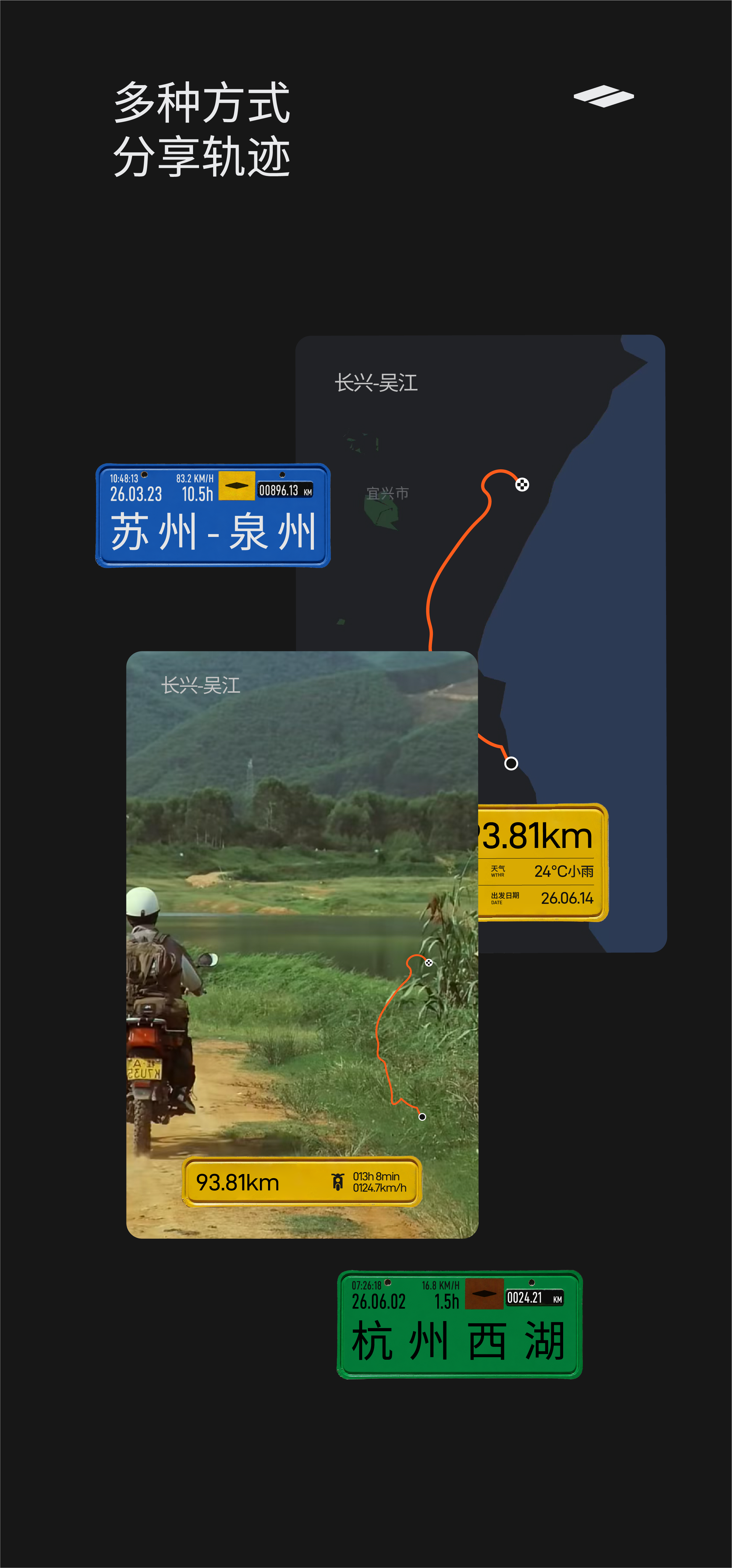多种方式分享轨迹：用地图或沿途照片作背景，生成带有路线与里程的分享图片